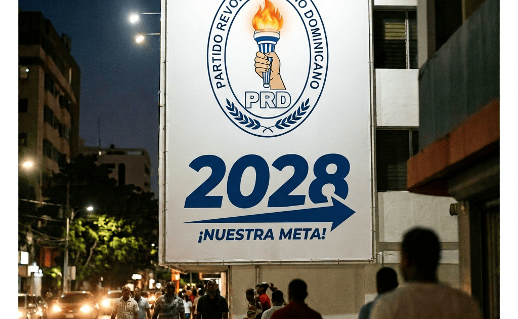 PRD billboard reading “2028 ¡NUESTRA META!” on a city street